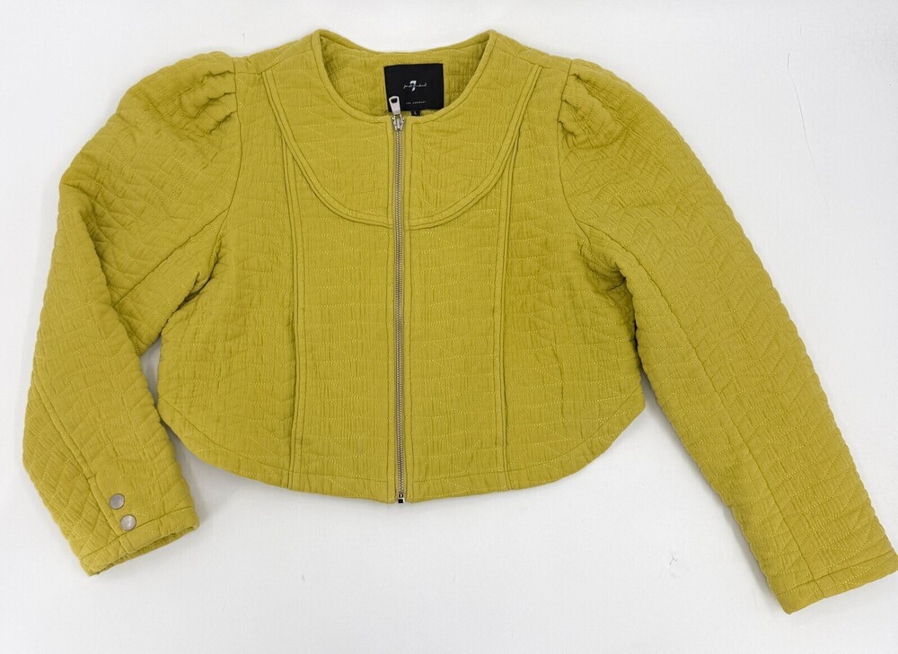 7 For All Mankind Jacket Womens Large Yellow Quilted Cropped Zip Puff Sleeve